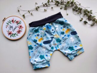 Childrens harem shorts, in a Sea Critters print with navy waistband folded down.