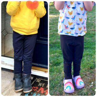 Two images side by side of a child wearing plain leggings in navy and black